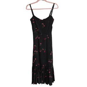 Wayf Black Floral Ruffle Hem Midi Dress
